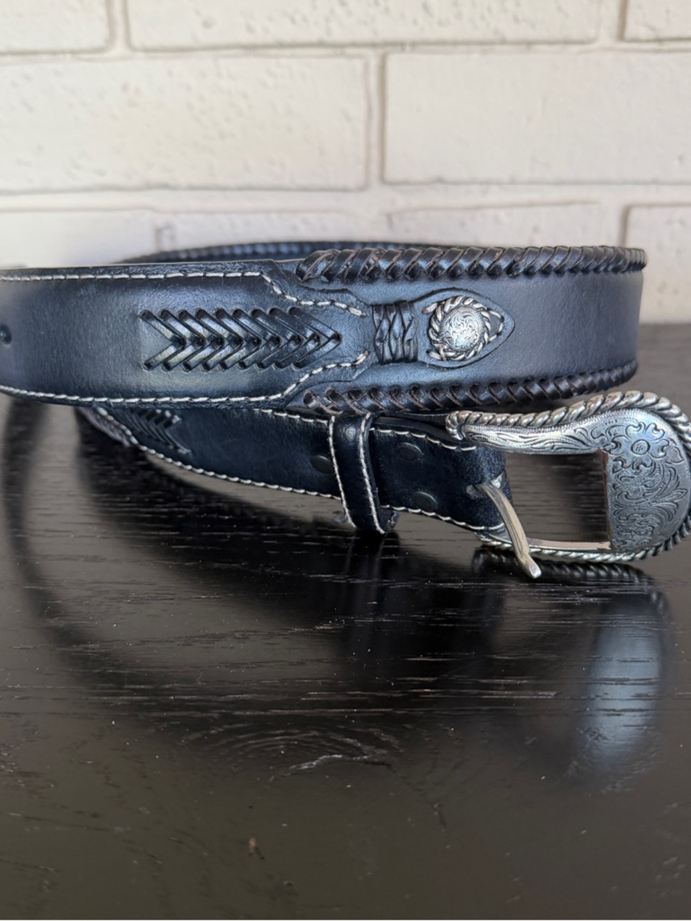 Nocona Men's Braided Metal Detail Black Leather Belt Size 34 Western Cowboy